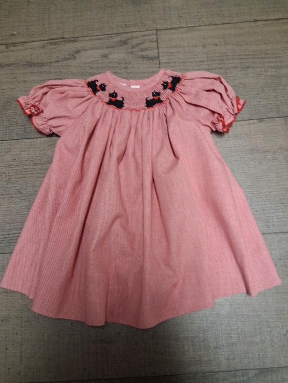 Vintage Red Gingham Smocked Baby Dress with Contrast Embroidery